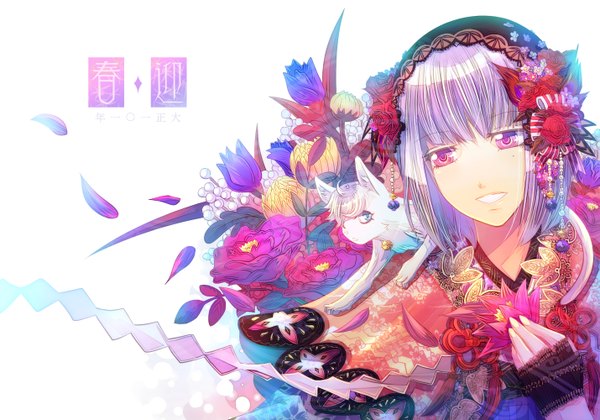 Anime picture 2857x2000 with original kariya (artist) single highres short hair smile purple eyes purple hair hair flower girl hair ornament flower (flowers) petals cat