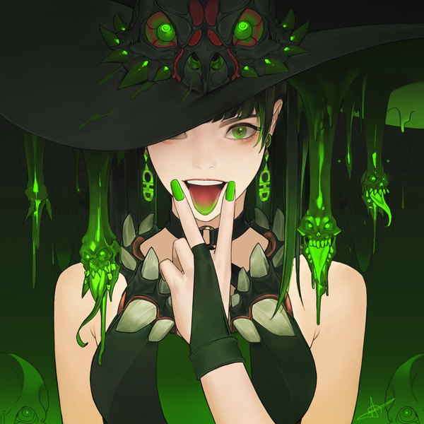 Anime picture 1500x1500 with original ake (cherrylich) single long hair looking at viewer fringe breasts open mouth black hair simple background smile green eyes signed payot upper body blunt bangs nail polish multicolored hair arm up fingernails