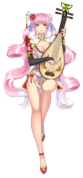 Anime picture 600x1278 with original briska single tall image looking at viewer white background twintails green eyes pink hair very long hair hair flower chinese clothes girl hair ornament flower (flowers) chinese dress musical instrument pipa (instrument)