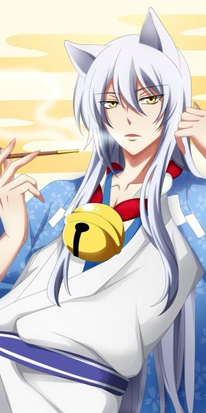 Anime picture 540x1080 with gugure! kokkuri-san kokkuri-san (gugukoku) katze (776642) single long hair tall image looking at viewer animal ears yellow eyes silver hair traditional clothes parted lips japanese clothes fox ears smoke bell collar smoking egasumi fox boy boy