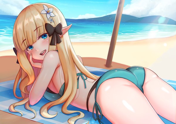 Anime picture 1736x1223 with princess connect! re:dive princess connect! saren (princess connect!) lunarscent single long hair looking at viewer blush fringe highres breasts open mouth blue eyes light erotic blonde hair smile sky cloud (clouds) outdoors ass