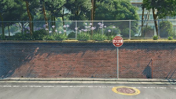 Anime picture 1920x1080 with original solafin highres wide image no people brick wall flower (flowers) plant (plants) tree (trees) building (buildings) grass fence road traffic sign chain-link fence