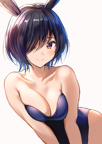 Anime picture 717x1012 with original nishizawa single tall image looking at viewer blush fringe short hair breasts light erotic black hair simple background smile large breasts bare shoulders brown eyes animal ears cleavage hair over one eye bunny ears