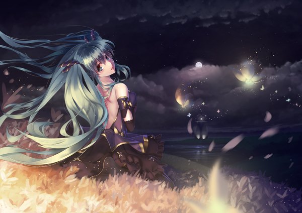 Anime picture 4677x3307 with vocaloid hatsune miku nishiro ryoujin single highres twintails bare shoulders absurdres very long hair looking back aqua eyes aqua hair night girl dress ribbon (ribbons) hair ribbon black dress insect butterfly