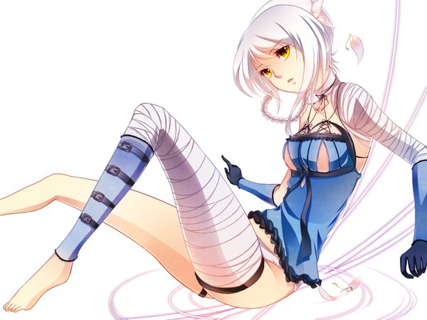 Anime picture 1400x1050 with nier kaine (nier) light erotic white background yellow eyes white hair girl gloves bandage (bandages)