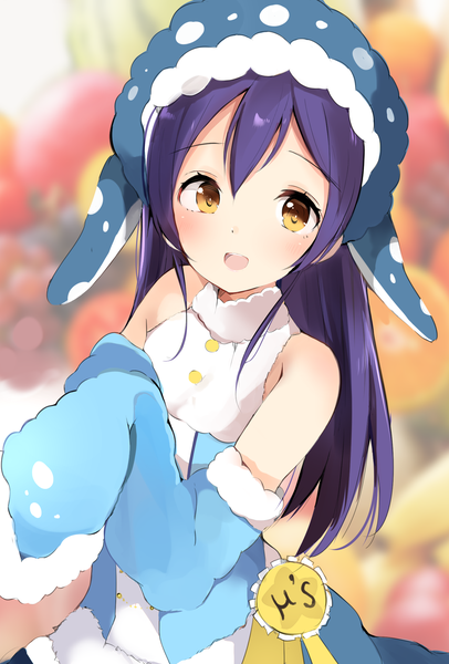 Anime picture 1504x2219 with love live! school idol project sunrise (studio) love live! sonoda umi sunya (honorin-yuunibo) single long hair tall image blush fringe open mouth hair between eyes yellow eyes purple hair from above blurry fur trim girl detached sleeves fur