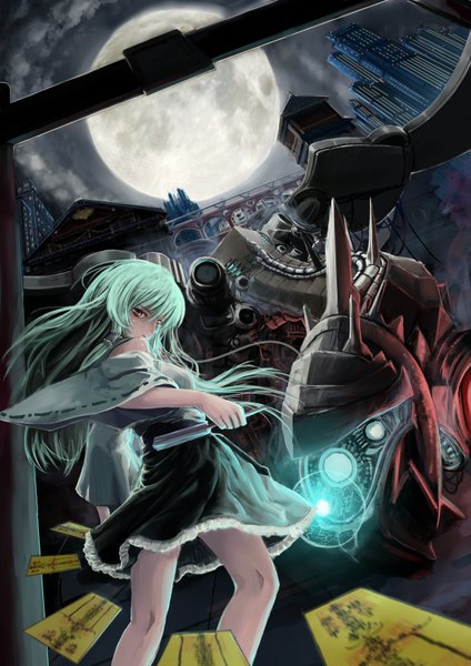 Anime picture 2480x3507 with touhou kochiya sanae b1944 single long hair tall image highres red eyes green hair girl detached sleeves moon robot ofuda