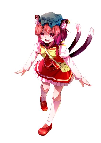 Anime picture 2893x4092 with touhou chen ryosios single tall image highres short hair open mouth simple background red eyes white background animal ears red hair cat ears cat girl cat tail girl skirt socks bowtie