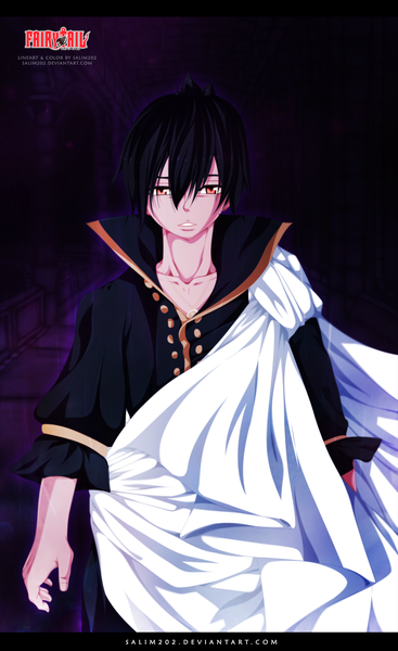 Anime picture 1000x1632 with fairy tail zeref salim202 single tall image short hair black hair inscription orange eyes coloring boy pendant cloak