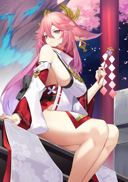 Anime picture 1488x2105 with genshin impact yae miko yamanokami eaka single long hair tall image looking at viewer fringe breasts light erotic hair between eyes large breasts sitting purple eyes animal ears pink hair traditional clothes japanese clothes fox ears sideboob
