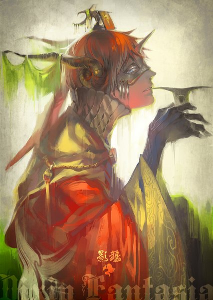 Anime picture 1024x1440 with original pixiv fantasia pixiv fantasia v coralstone single tall image short hair blue eyes profile horn (horns) orange hair boy mask