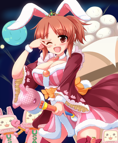 Anime picture 1415x1712 with idolmaster abe nana tyuuten (artist) single tall image blush short hair breasts open mouth light erotic smile large breasts one eye closed pink eyes wink orange hair bunny ears bunny tail girl thighhighs