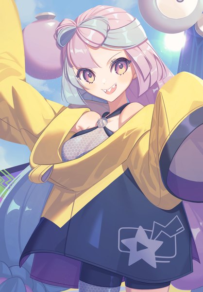 Anime picture 1253x1800 with pokemon pokemon (game) pokemon sv nintendo iono (pokemon) miri (cherryjelly) single tall image looking at viewer open mouth standing pink hair silver hair long sleeves very long hair :d multicolored hair two-tone hair teeth sharp teeth