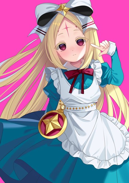Anime picture 2894x4093 with mahou shoujo ni akogarete morino korisu nero alice hayama salt single long hair tall image looking at viewer highres simple background blonde hair red eyes pink background expressionless magical girl forehead mark girl dress bow hair bow