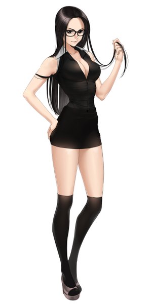 Anime picture 1310x2620 with original revolmxd single long hair tall image looking at viewer breasts black hair simple background standing white background brown eyes cleavage holding hair girl thighhighs skirt black thighhighs miniskirt glasses