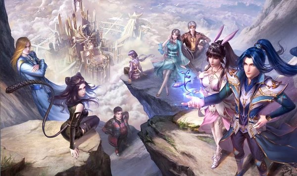 Anime picture 1419x840 with douluo continent xiao wu tang san zhu zhuqing (douluo dalu) ning rongrong (douluo dalu) dai mubai (douluo dalu) oscar (douluo dalu) ma ho zhun (douluo dalu) bai chenxiang (douluo dalu) man yue chuanmei long hair looking at viewer fringe short hair blonde hair brown hair wide image standing sitting twintails