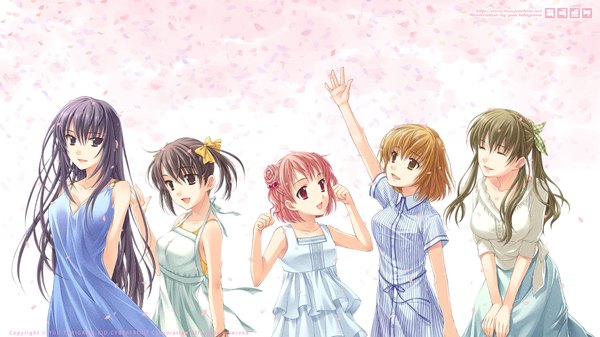 Anime picture 1920x1080 with ever 17 komachi tsugumi akanegasaki sora matsunaga sara yagami coco tanaka yubiseiakikana takigawa yuu long hair fringe highres short hair open mouth black hair brown hair wide image twintails purple eyes bare shoulders multiple girls looking away