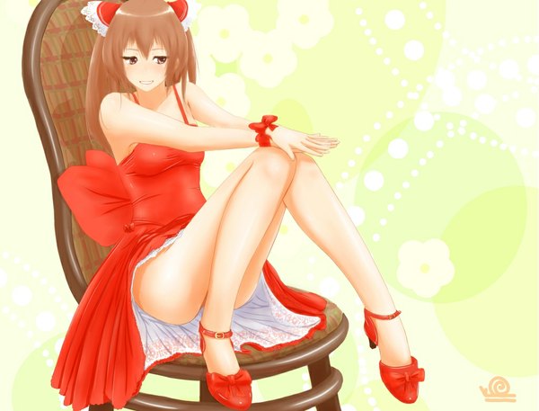 Anime picture 1024x780 with original nanahime (aoi) long hair simple background brown hair sitting brown eyes girl dress bow shoes chair sundress red dress