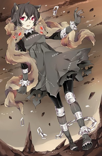 Anime picture 736x1123 with revenge of dragoon ribedora tall image short hair red eyes animal ears looking away sky grey hair fox ears torn clothes destruction girl dress gloves animal chain collar stone (stones) claws