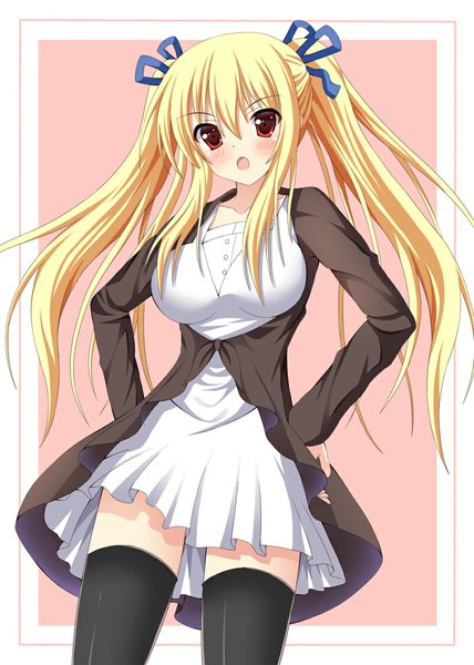 Anime picture 800x1120 with original ro-ichi single long hair tall image looking at viewer blush open mouth blonde hair red eyes twintails girl thighhighs dress ribbon (ribbons) black thighhighs hair ribbon