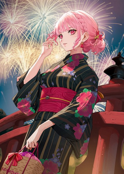 Anime picture 643x900 with virtual youtuber hololive hololive english mori calliope ekao single tall image fringe short hair pink hair outdoors blunt bangs braid (braids) traditional clothes japanese clothes pink eyes from below official alternate costume crown braid fireworks