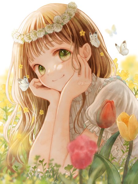 Anime picture 1350x1800 with original ginniroya single long hair tall image looking at viewer fringe smile brown hair green eyes signed outdoors twitter username head rest butterfly on hand girl flower (flowers) insect butterfly wreath