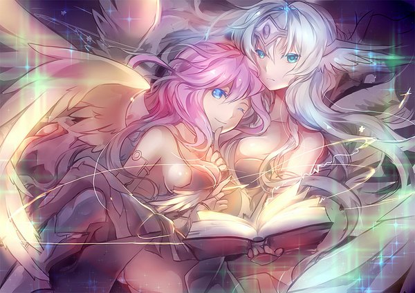 Anime picture 1000x708 with puzzle & dragons archangel metatron (p&d) dark angel metatron (p&d) kagachi saku long hair looking at viewer blue eyes light erotic smile multiple girls pink hair silver hair finger to mouth angel wings girl 2 girls wings armor book (books) knee boots
