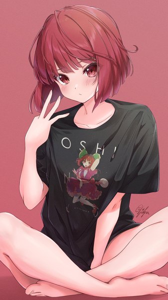 Anime picture 1080x1920 with oshi no ko arima kana ichijo kazuya single tall image looking at viewer blush fringe short hair light erotic simple background red eyes sitting signed red hair blunt bangs barefoot arm up short sleeves red background
