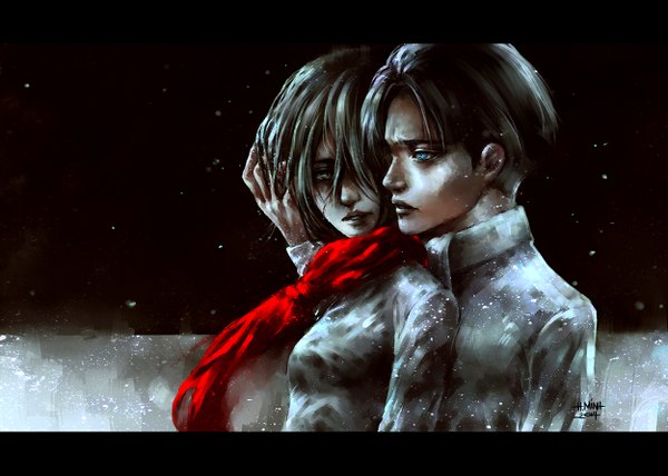 Anime picture 1250x893 with shingeki no kyojin production i.g mikasa ackerman levi (rivaille) nanfe fringe short hair breasts blue eyes black hair holding signed profile lips hair over one eye letterboxed hand on head girl boy scarf