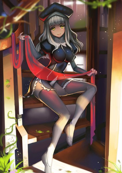 Anime-Bild 1075x1520 mit fate (series) fate/stay night fate/hollow ataraxia studio deen type-moon caren ortensia fiodo single long hair tall image fringe breasts smile sitting holding yellow eyes grey hair girl thighhighs black thighhighs