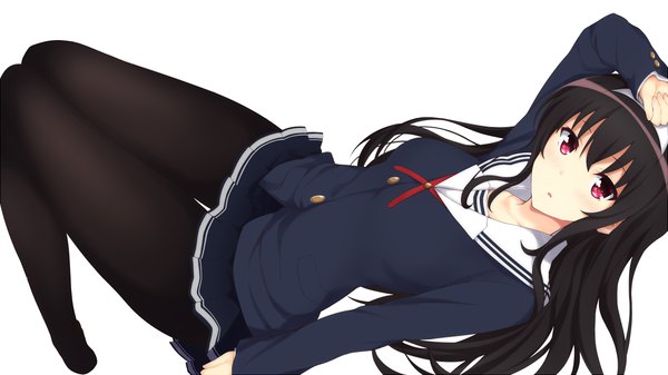 Anime picture 1097x617 with saenai heroine no sodatekata a-1 pictures kasumigaoka utaha jampen single long hair looking at viewer blush fringe black hair simple background hair between eyes red eyes wide image white background bent knee (knees) parted lips pleated skirt thigh gap hand on head