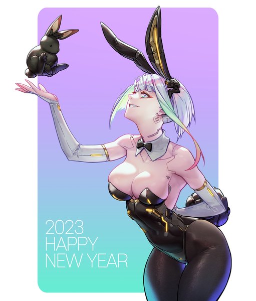 Anime picture 2299x2700 with cyberpunk edgerunners studio trigger lucy (cyberpunk) haje single tall image highres short hair breasts light erotic simple background smile large breasts animal ears looking away cleavage silver hair tail animal tail bunny ears
