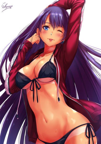 Anime picture 1000x1414 with fate (series) fate/grand order martha (fate) martha (swimsuit ruler) (fate) sakiyamama single long hair tall image looking at viewer blush fringe breasts blue eyes light erotic simple background hair between eyes large breasts standing white background signed