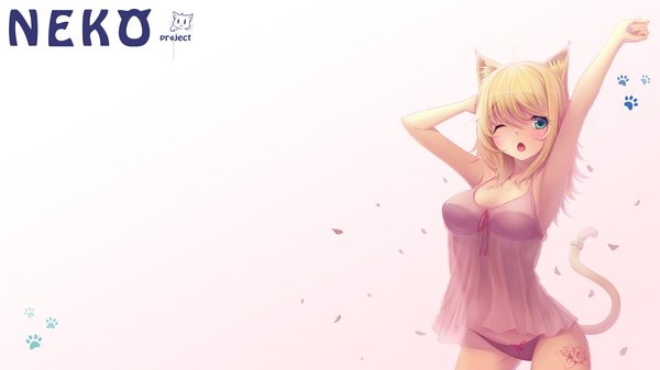 Anime-Bild 2400x1350 mit original sonikey0 0 single long hair blush fringe highres breasts open mouth light erotic simple background blonde hair wide image white background green eyes animal ears tail animal tail cat ears armpit (armpits)