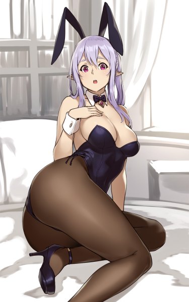 Anime picture 750x1200 with original houtengeki single long hair tall image looking at viewer breasts open mouth light erotic purple eyes animal ears purple hair pointy ears bunny ears girl pantyhose bunnysuit