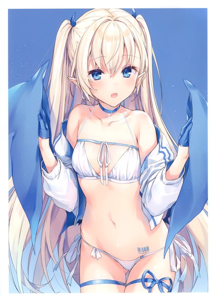 Anime picture 2437x3421 with original komeshiro kasu single long hair tall image looking at viewer blush fringe highres breasts open mouth blue eyes light erotic simple background blonde hair hair between eyes standing bare shoulders cleavage horn (horns)
