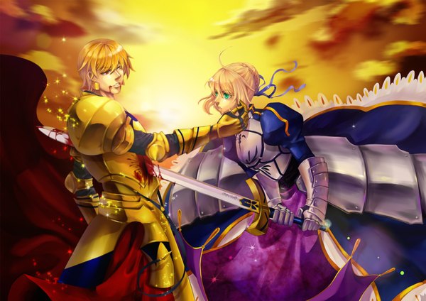 Anime picture 2015x1425 with fate (series) fate/stay night studio deen type-moon artoria pendragon (all) saber gilgamesh (fate) blanche-snow highres short hair blonde hair red eyes green eyes cloud (clouds) girl dress boy weapon sword armor