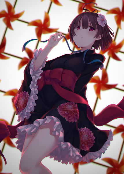 Anime picture 1429x2000 with koutetsujou no kabaneri wit studio mumei (kabaneri) monobe tsukuri single tall image looking at viewer short hair black hair red eyes traditional clothes japanese clothes hair flower girl flower (flowers) ribbon (ribbons) kimono obi