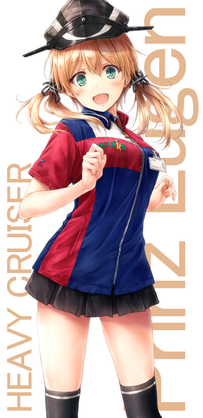 Anime picture 576x1180 with kantai collection prinz eugen (kantai collection) suien single long hair tall image looking at viewer blush fringe open mouth blonde hair simple background hair between eyes standing white background twintails green eyes head tilt pleated skirt character names