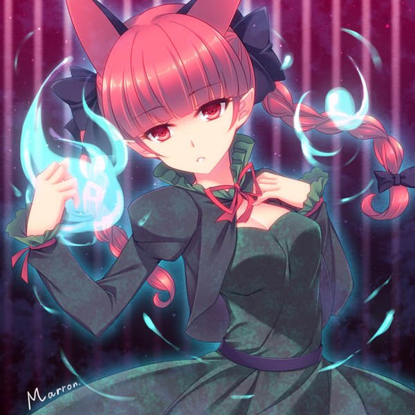 Anime picture 800x800 with touhou kaenbyou rin maron (1212ama) single long hair blush fringe breasts red eyes signed animal ears looking away cleavage red hair blunt bangs braid (braids) parted lips pointy ears cat ears cat girl