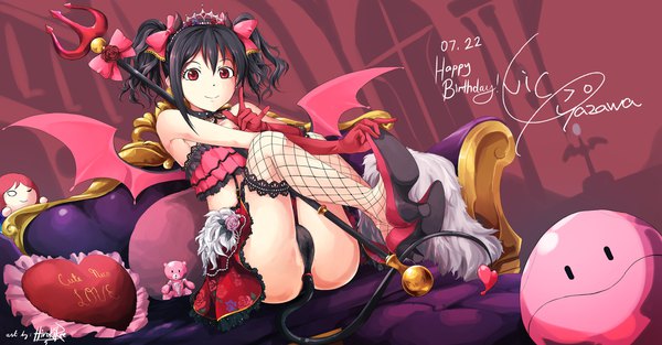 Anime picture 4750x2480 with love live! school idol project sunrise (studio) love live! yazawa nico hiroki ree single highres short hair light erotic black hair red eyes wide image twintails absurdres short twintails happy birthday girl thighhighs gloves underwear