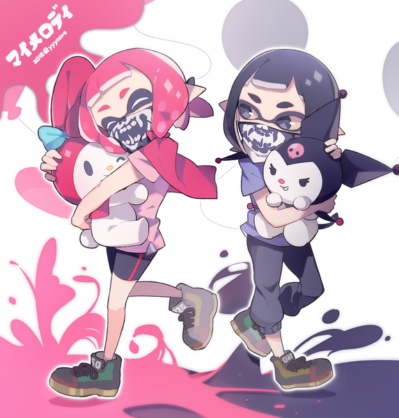 Anime picture 900x942 with onegai my melody splatoon splatoon 2 nintendo inkling my melody kuromi captain yue tall image short hair black hair multiple girls signed pink hair full body pointy ears black eyes twitter username tentacle hair girl