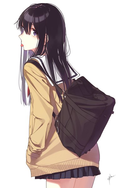 Anime picture 1300x2040 with koe no katachi kyoto animation ueno naoka aiko (aiko 54) single long hair tall image fringe black hair simple background hair between eyes white background signed looking back black eyes hand in pocket girl uniform serafuku tongue