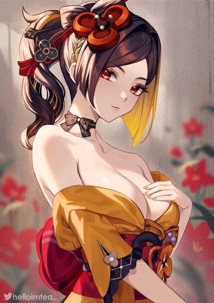 Anime picture 848x1200 with genshin impact chiori (genshin impact) helloimtea single long hair tall image looking at viewer breasts light erotic red eyes brown hair large breasts signed upper body ponytail nail polish multicolored hair off shoulder sparkle twitter username