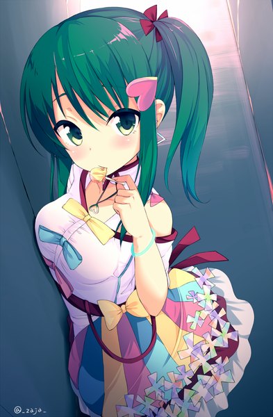 Anime picture 800x1220 with tokyo 7th sisters serizawa momoka mimura zaja single long hair tall image looking at viewer blush fringe breasts hair between eyes bare shoulders green eyes signed payot green hair from above side ponytail breast press against wall