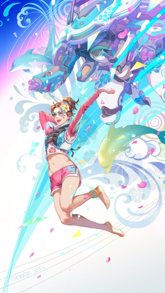 Anime picture 1500x2653 with overwatch blizzard entertainment d.va (overwatch) meka (overwatch) waveracer d.va hage2013 single tall image short hair open mouth brown hair signed full body ponytail barefoot hair flower realistic arms up midriff twitter username