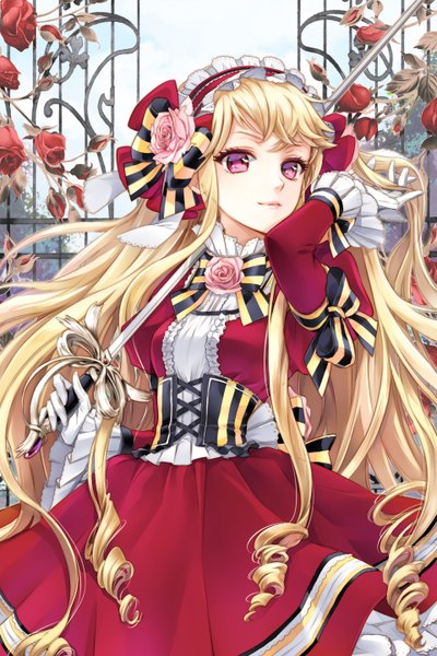 Anime picture 960x1440 with sword girls cinia pacifica cocoon (loveririn) single long hair tall image looking at viewer fringe blonde hair smile red eyes pink eyes lips lipstick striped underbust curly hair gate girl dress