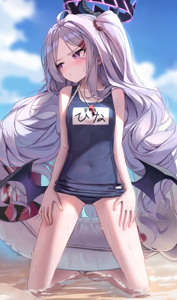 Anime picture 1100x1865 with blue archive hina (blue archive) hina (swimsuit) (blue archive) asanagi single long hair tall image blush fringe light erotic looking away sky silver hair cloud (clouds) full body ahoge outdoors pink eyes horn (horns) one side up