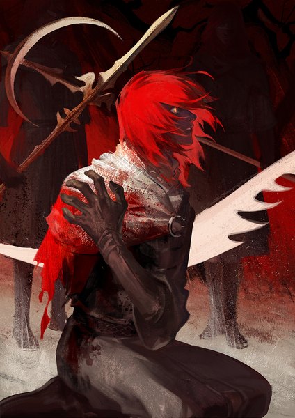 Anime picture 1000x1414 with elden ring millicent (elden ring) agong tall image short hair sitting yellow eyes looking away red hair profile seiza bloody clothes amputee hand on shoulder girl weapon blood mantle spear scythe