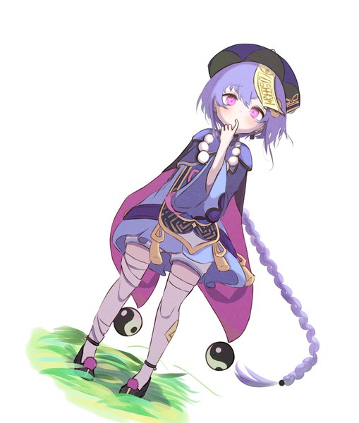 Anime picture 2578x3041 with genshin impact qiqi (genshin impact) ropen yoji single tall image looking at viewer fringe highres simple background standing white background purple eyes purple hair full body braid (braids) very long hair wide sleeves dutch angle single braid finger to mouth